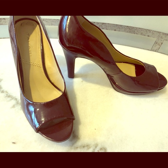 Tahari Shoes - Tahari maroon patent peep toe pumps